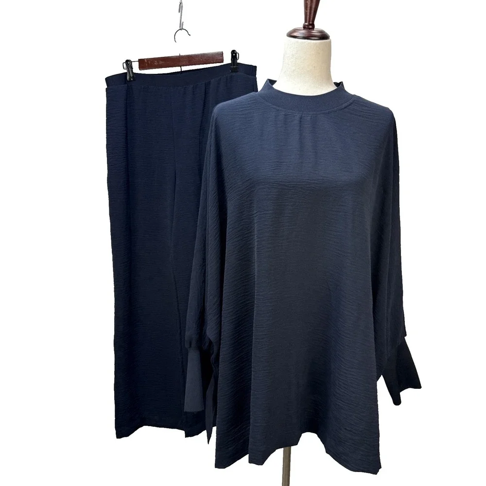 Mango Navy Crinkle Dolman‎ Tunic Wide Leg Pants Matching Set Size XL Minimalist